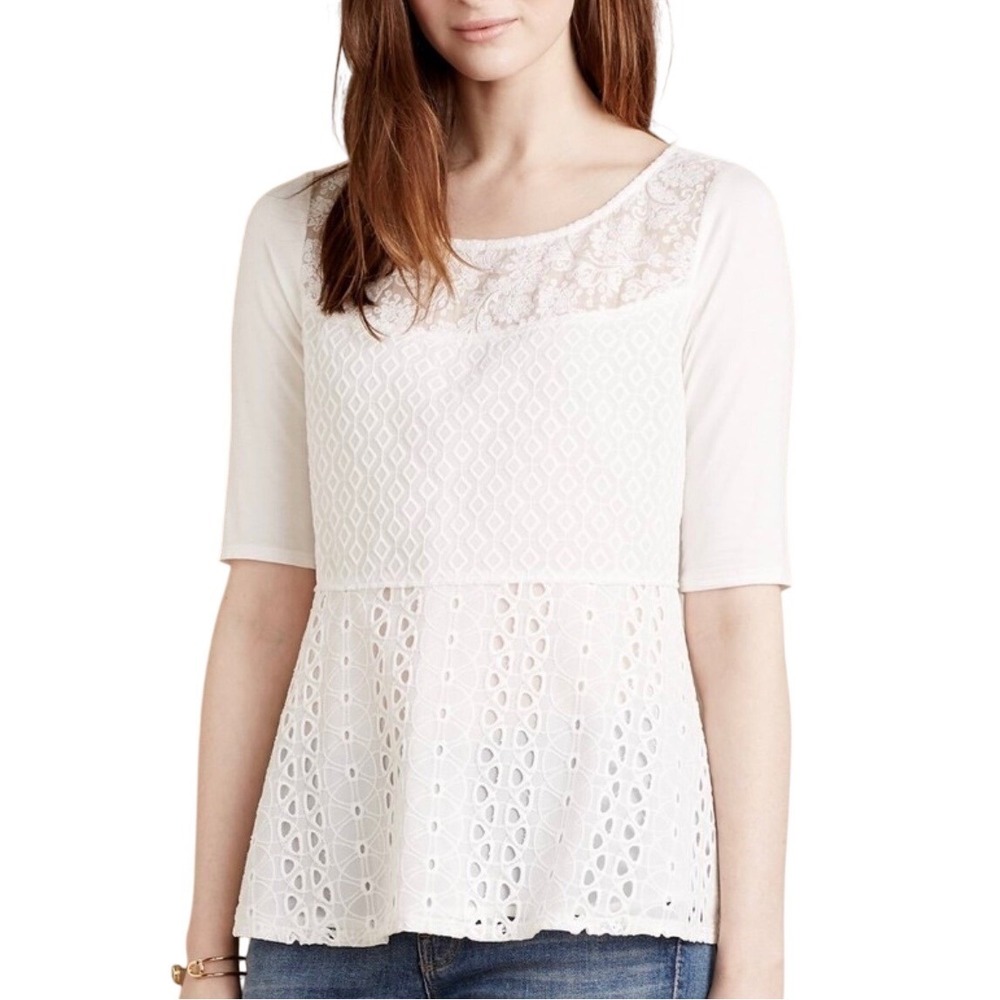 TINY Anthropologie White‎ Embroidered Cottagecore Lace Eyelet Peplum Top Size M